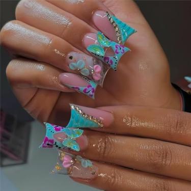Imagem de RTKHFZE Unhas Postiças De Pressão Longa, Ponta Francesa Azul Com Desenhos Borboletas E Flores 3D, Acrílico Rosa Ombré, Cobertura Total, Cola Brilhante Artificial Para Mulheres, 24 Peças