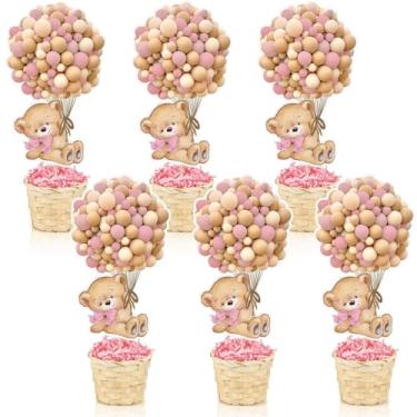 Imagem de 6 Set Pink Baby Shower Table Centerpieces Decortion Hot Air Balloon Cute Babys Bear with Bamboo Basket Lafite Garss Welcome Oh Baby We Can Bearly Wait Boy Or Girl Gender Reveal Party Favor