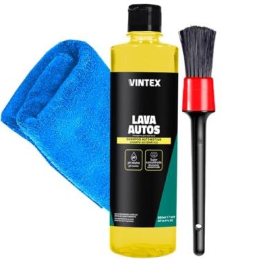 Imagem de Kit Automotivo Shampoo Concentrado Lava Autos Vintex Neutro 500ml Pincel Detalhamento Karbox Toalha Microfibra Karbox