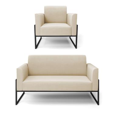 Imagem de Sofá Namoradeira Com Poltrona Base Industrial Alta Preto Marisa Suede Bege D03 - D\'rossi