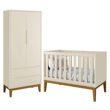 Imagem de Jogo De Quarto Infantil Guarda Roupa 2 Portas E Berço Classic Areia Fosco Com Pés Amadeirado - Reller Móveis Areia Fosco