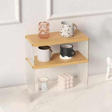 Imagem de Organizador de acrílico para estação de café de 2 camadas – Prateleira de madeira para escritório, cozinha e sala de estar, suporte de xícara de café multicamadas e suporte de condimentos, prateleira