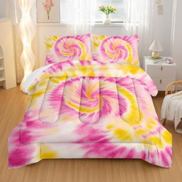 Imagem de Nttopship Jogo de cama solteiro com estampa tie-dye rosa, arte moderna abstrata, para o seu quarto, grafite macio, leve, acolchoado, todas as estações, edredom e 2 fronhas