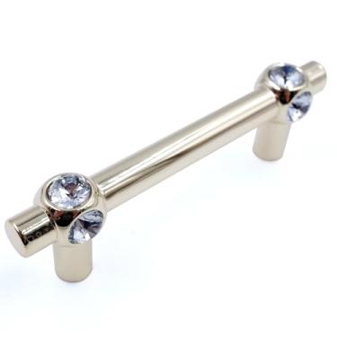 Imagem de JETLAND Puxadores de cristal para gaveta de armário, pacote com 4, dourado com vidro transparente, centros de orifício de 7,6 cm, cruz brilhante, alças de armário para móveis de mesa de cabeceira de