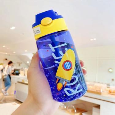 Imagem de Garrafa de água infantil Space Rocket, azul e amarelo, plástico livre de BPA com tampa flip-top 473 ml