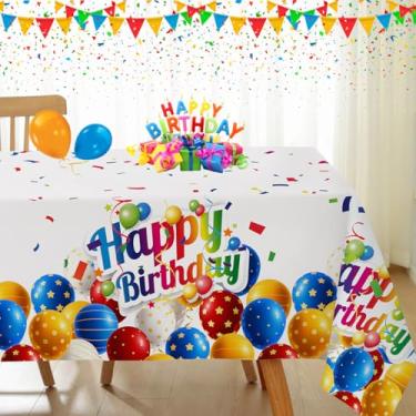 Imagem de Toalha de mesa retangular Happy Birthday 132 x 187 cm, balões coloridos de aniversário, confetes, impermeável, sem rugas, capa de mesa de tecido para jantar em casa, festa, decoração de cenário