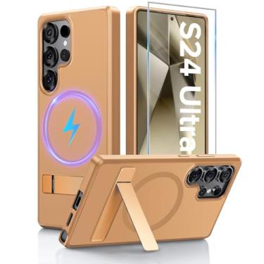 Imagem de Capa para Samsung Galaxy S24 Ultra com suporte [com protetor de tela] Carregamento sem fio, capa antiimpressões digitais, proteção à prova de choque, capa magnética para Galaxy S24 Ultra 5G com