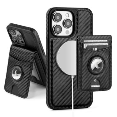 Imagem de SkyEagle Capa carteira compatível com MagSafe para iPhone 14 Pro Max com suporte para AirTag, 2 em 1, couro sintético, magnético, destacável com bloqueio de RFID, suporte para cartão de crédito, capa