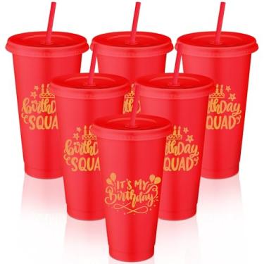 Imagem de Jingmore Copos de plástico de esquadrão de 680 g com tampa e canudo para decorações de aniversário de 20, 30, 40, 50, 60 anos, presente para mulheres e adultos (vermelho, 6 peças)