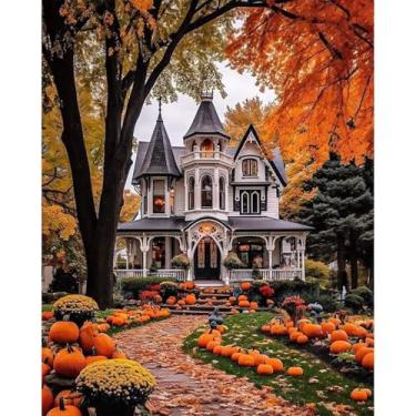 Imagem de Kits de pintura de paisagem por números para adultos - kit de pintura por números Halloween, outono adultos kits de pintura por números em tela sem moldura pintura a óleo tintas acrílicas para
