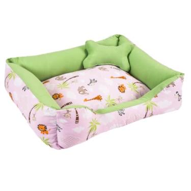 Imagem de Cama Caminha Pet para Cachorro ou Gato Médio 60cm x 47cm Lavável com Fundo Impermeável + Ossinho (Safari Rosa/Verde)