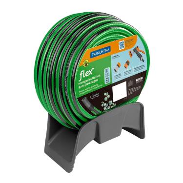 Imagem de Mangueira Tramontina Flex para Jardim Verde com Faixa Preta em PVC 4 Camadas, Engate Rápido, Engate Rosqueado, Hidropistola e Suporte – 15 Metros