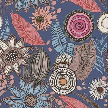 Imagem de Papel de parede Boho Peel and Stick, Vintage Blue Pink Floral Contact Paper, Retro Antique Botanical Flowers Papel de parede autoadesivo removível à prova d'água para prateleiras de banheiro armário