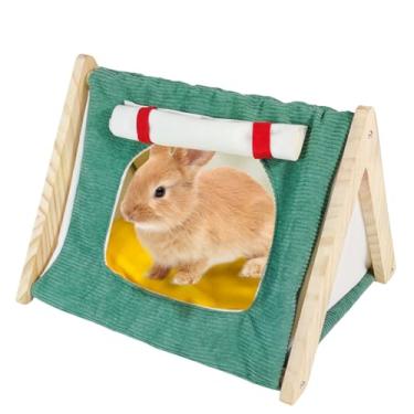Imagem de SEZDEKI Tenda de coelho esconderijo de madeira de porquinho-da-índia grande com cortina e almofada, fácil de montar, acessórios para gaiola de animais pequenos para coelhinho de estimação, furão, rato