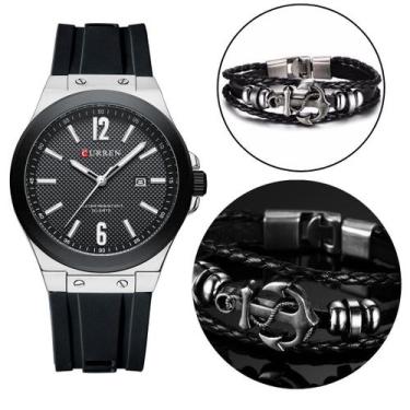 Imagem de Kit Relógio Masculino Original Curren Quartzo Aço Inox E Bracelete Ânc