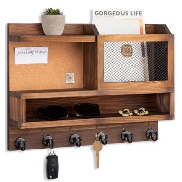 Imagem de FIPUTE Porta-chaves e correio para decoração de parede, correio e organizador de chaves com cesta e quadro de cortiça, decoração de casa montado na parede para entrada de quarto (C) (marrom)