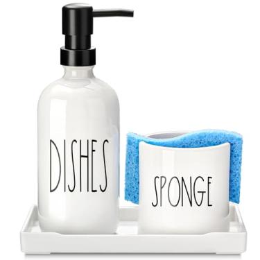 Imagem de ALPIRIRAL Dispensador de detergente para cozinha, dispensador de sabão de cerâmica com suporte de esponja, conjunto de dispensador branco com bandeja, organizador de pia de bancada 3 em 1, decoração