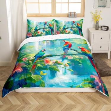 Imagem de jejeloiu Jogo de cama king size com estampa floral de papagaio para meninos e meninas, ramo de árvore, pássaros, animais, natureza, tema de edredom (sem edredom)