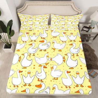 Imagem de Lençol Queen de desenho animado de ganso, desenho engraçado de pato adorável amarelo com 2 fronhas, lençol de cama respirável para adolescentes e adultos, sem lençol de cima