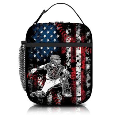 Imagem de MAHIPOCI Lancheira de beisebol, base de jogador, bandeira americana, lancheira com bandeira americana, bolas esportivas isoladas, lancheiras com alça para mulheres, homens, trabalho, piquenique