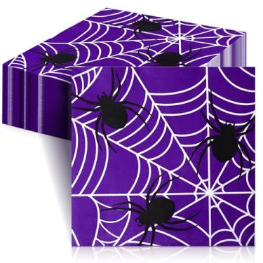Imagem de Guardanapos de teia de aranha de Halloween, 16,5 cm x 16,5 cm (embalagem com 100) guardanapos de papel descartáveis para festas, coquetéis, teias de aranha e guardanapo com padrão de aranha