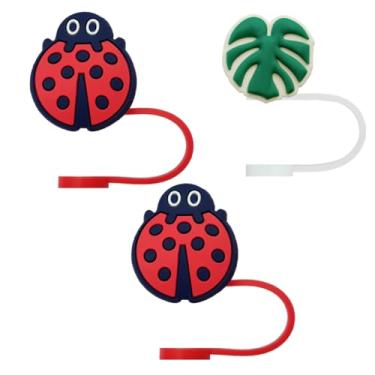 Imagem de STRACOUPI Tampa de palha de silicone joaninha e folha para copos Stanley, acessório decorativo reutilizável, pacote com 3