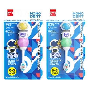 Imagem de MOMODENT Escova de Dentes Infantil, Bebês para 0 a 3 Anos, Cerdas Extra Macias, Cabo com Design de Astronauta, Protege a Saúde das Gengivas (Verde+Rosa(2 unidades))