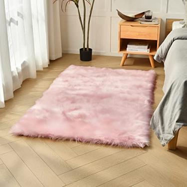 Imagem de duduta Tapete de pele de carneiro sintética rosa 0,9 x 1,5 m, tapete felpudo fofo para quarto de meninas, quarto, berçário, sala de jogos, antiderrapante, lavável