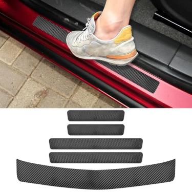 Imagem de LANZMYAN Compatível com Chevrolet 5 peças de protetor de soleira de porta de carro, adesivo de proteção de borda de entrada de porta de couro de fibra de carbono, protetor de para-choque traseiro