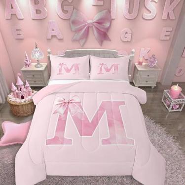 Imagem de Erosebridal Jogo de cama casal com laço rosa com inicial rosa, conjunto de edredom com monograma, letra M, presente de aniversário, colcha para ela, decoração de quarto feminino exclusivo para