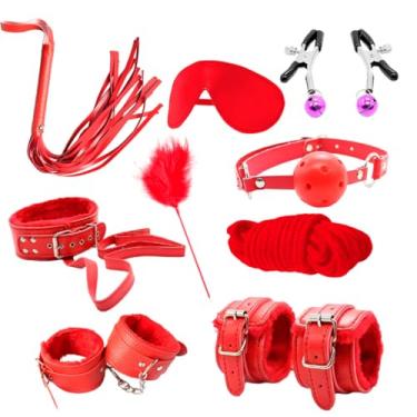 Imagem de Kit Bondage Bdsm Brinquedos Sexuais Para Casal Algemas Chicote Mordaça Venda Coleira Brinquedos Sexuais para Adultos 10 Peças Erótico Vermelho