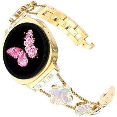 Imagem de Pulseira feminina de trevo de quatro folhas para Galaxy Watch 8/Watch 8 Classic de 40 mm/44 mm, diamante cintilante, luxuosa, para Sansung Galaxy Watch 8/8 Classic, ouro/iridescente