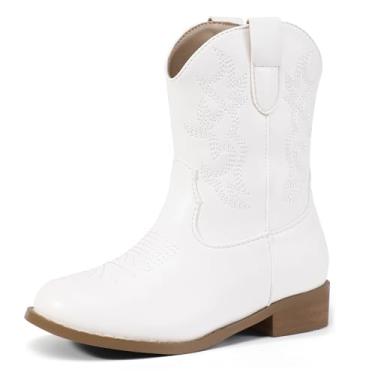Imagem de PANDANINJIA Botas de caubói para meninas, bico redondo, para meninos, botas caubói, cano curto, botas de cowgirl ocidentais, Poliuretano branco, 12 Little Kid