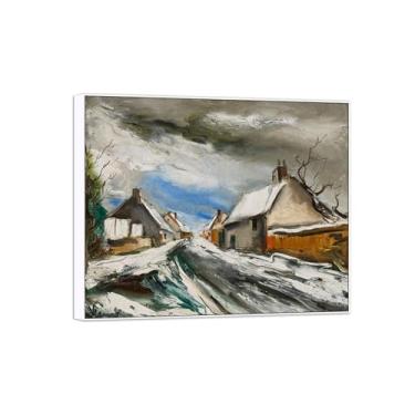 Imagem de BMZFYBS Pôster e impressões de arte famosa da paisagem - Imagem de decoração de parede em tela - Pintura de moldura de rua da vila sob a neve branca para casa 80 x 95 cm 31 x 37 pol