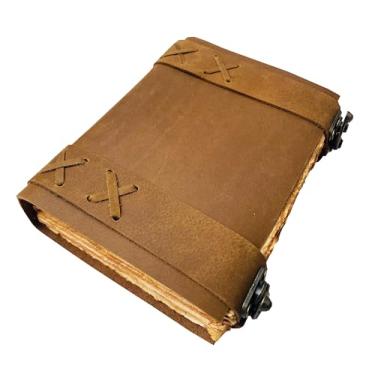 Imagem de KMAAC Diário de couro vintage feito à mão com papel Deckle – Caderno de escrita marrom rústico de 17 x 12 cm, diário de viagem antigo, caderno de esboços encadernado em couro, presente exclusivo para