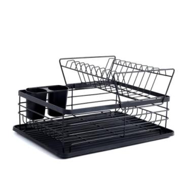 Imagem de Escorredor de Louças com 2 Andares, Inox, Com Bandeja De Coleta de Água, Preto Fosco, Organizador de Pratos e Talheres, Comporta Pratos, Copos, Tigelas e Talheres PREMIUM