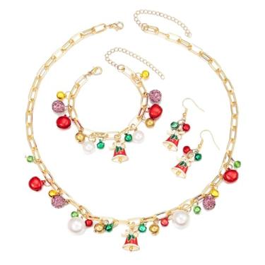 Imagem de Brincos de Natal com pingente de sino vermelho verde e pingente de árvore de Natal colorido sininhos conjunto de joias com corrente de clipe de papel grosso para mulheres, Natal, Ano Novo, presente de