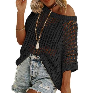 Imagem de Suéter Zeagoo Summer Crochet de manga curta preta para mulheres