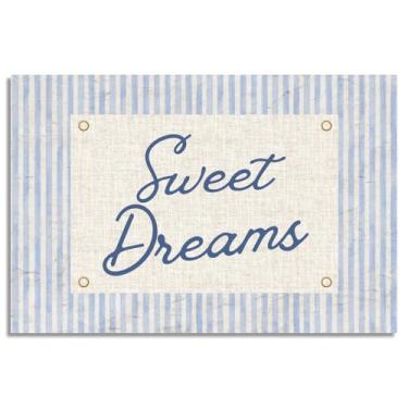 Imagem de Jiaoweibao Arte de parede em tela Sweet Dreams, pôster de citação positiva com listras azuis marinhas, lembrete diário doce acima da cama, impressão tipográfica inspiradora moderna para quarto 20 x 30