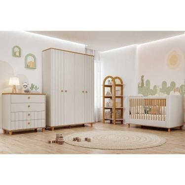 Imagem de Quarto Infantil Completo Cupcake 4 Peças (guarda Roupa+cômoda+berço+estante) Qi103 Off White/nature - Permóbili Baby