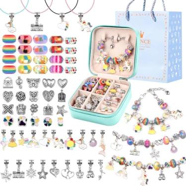 Imagem de UFU Kit de fabricação de pulseiras de berloques para meninas, kit de fabricação de joias, unicórnios, artesanato, conjunto de presentes para meninas adolescentes de 5 anos, 6, 7, 8 a 12, com uma caixa organizadora de pulseira portátil