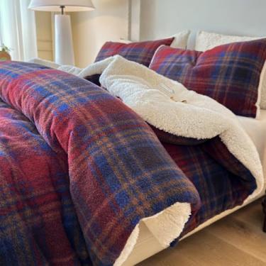 Imagem de Cyusri Conjunto de edredom de lã de ovelha xadrez, 3 peças, alternativo de lã quente, vermelho e azul, com 2 fronhas, tamanho Queen 228 cm x 228 cm