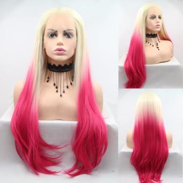 Imagem de Angle Lucky Perucas Loiras Omber Rosa para Mulheres Peruca Longa Lisa Loira a Vermelha Peruca Sintética Lace Front Peruca Resistente ao Calor Fibra Sem Cola Cosplay Uso Diário 61 cm