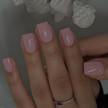 Imagem de Pregos curtos quadrados de pressão rosa empoeirado, unhas de gel natural KXAMELIE com cola em unhas de acrílico, revestimento protetor reutilizável, unhas falsas, cor sólida, 24 peças, unhas