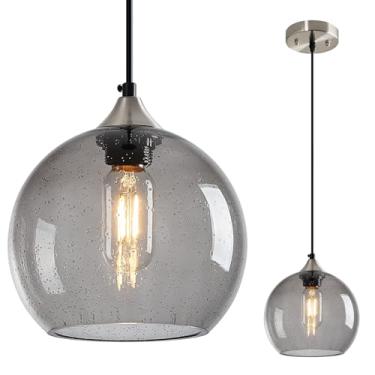 Imagem de LBSQJ Luzes pendentes de vidro cinza claro para ilha de cozinha globo luminária pendente moderna para quarto sala de jantar luminária (20 cm, 1 pacote)
