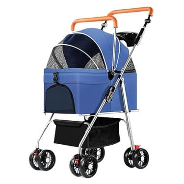 Imagem de YYW Carrinho de bebê para cães e gatos pequenos, dobrável 3 em 1, carrinho de viagem com porta-copos, cesta de armazenamento e rodas bloqueáveis (azul)