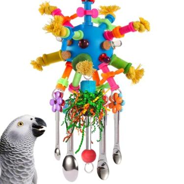 Imagem de Brinquedos de papagaio para pássaros, colheres de aço inoxidável puxáveis, brinquedos de mastigar coloridos em bastão de acrílico para amazonas, mini araras africanas, cacatuas conures, calopsitas