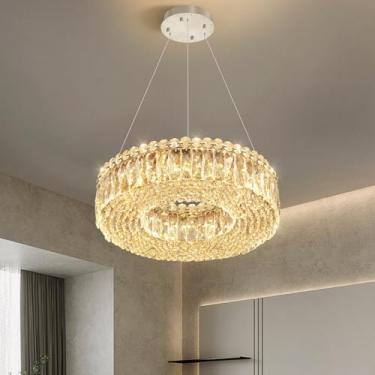 Imagem de Iluminação pendente de cristal moderna de 40,6 cm para sala de jantar, lustres reguláveis de LED, luminárias de teto de cristal para sala de estar, hall de entrada, corredor, entrada prata