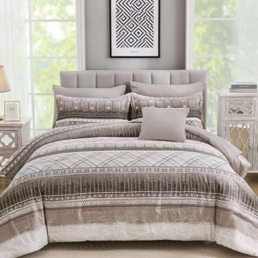 Imagem de WONGS BEDDING Conjunto de edredom King Size com 8 peças, cama listrada textura em um saco, conjunto de cama marrom e edredom boêmio, leve de microfibra para todas as estações (228 cm x 264 cm)