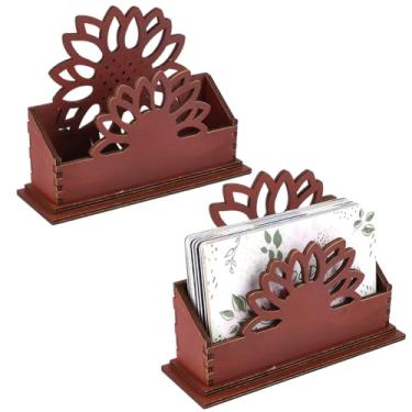 Imagem de CREATCABIN Suporte de cartão de visita de girassol para mesa de madeira de madeira compensada organizador de cartões postais marrom aberto suporte de exibição para mesa escritório casa decoração de